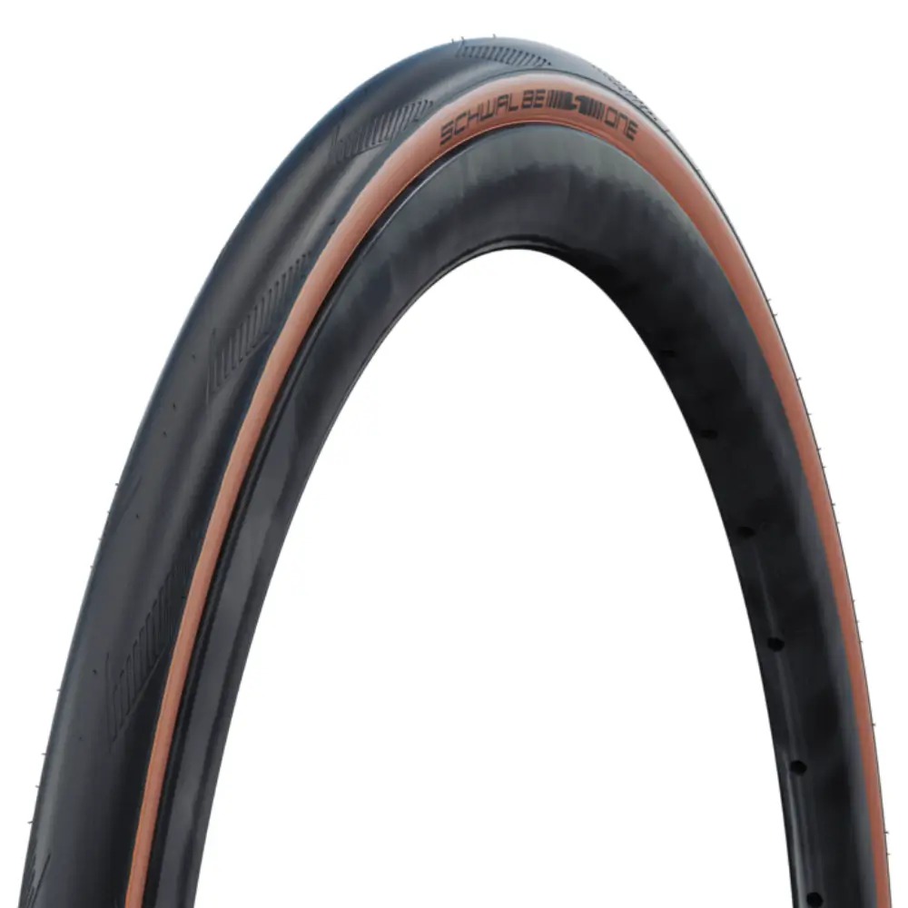 A Schwalbe One Tubeless Road Tire with Bronze sidewalls.