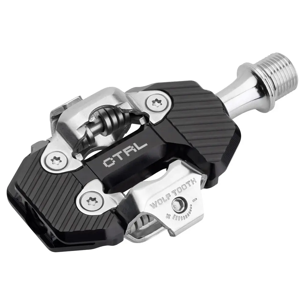 An oblique view of a black Wolf Tooth CTRL MTB Trail Pedal