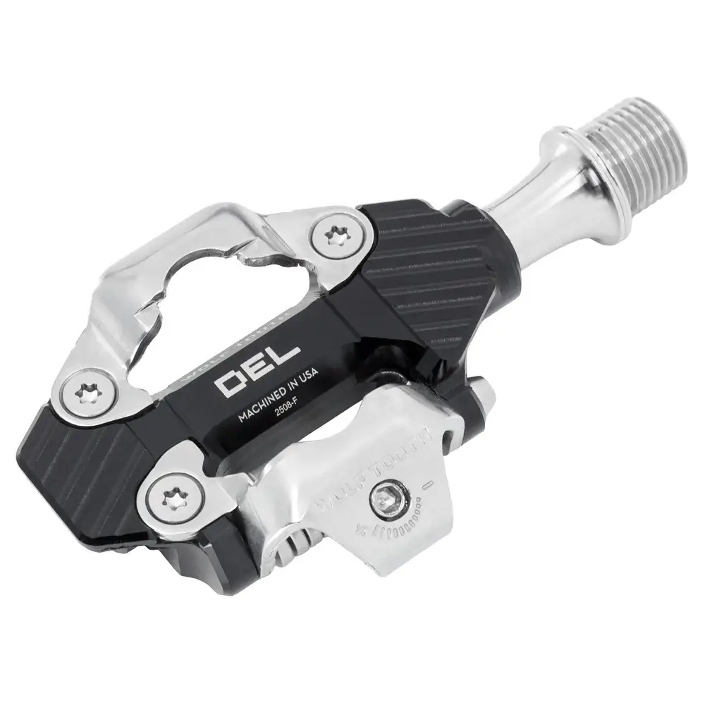 An oblique view of a black Wolf Tooth DEL MTB/Gravel Pedal