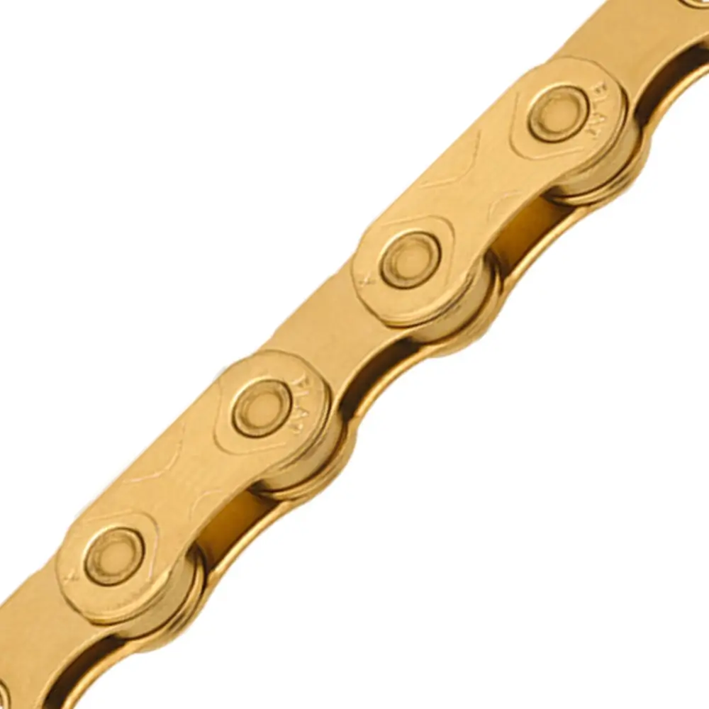 A gold KMC Pre-Waxed XFLAT Flattop Chain