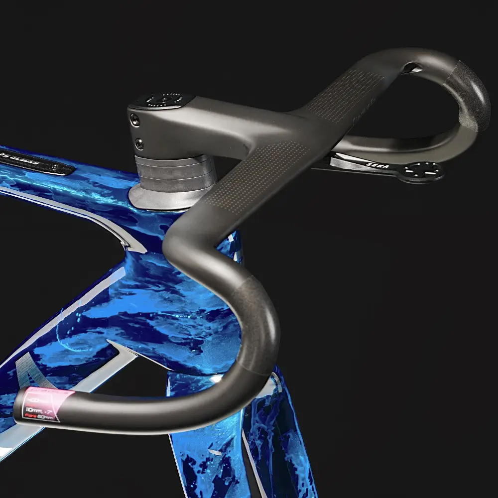 A black SEKA Gladius GR One-Piece Road/Gravel Handlebar viewed from the front and installed on a blue SEKA gravel bike