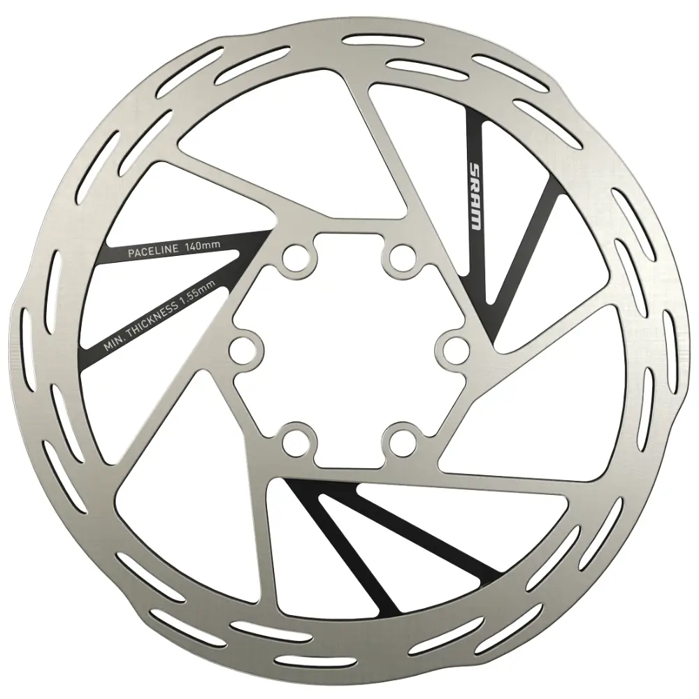 A silver, 140mm SRAM Paceline 6-Bolt Brake Rotor