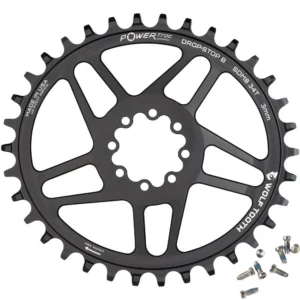 A black Wolf Tooth SRAM 8-Bolt Elliptical T-Type MTB Direct Mount Chainring with torx bolts.