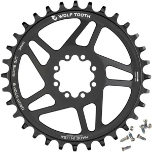 A black Wolf Tooth SRAM 8-Bolt T-Type MTB Direct Mount Chainring with torx bolts.