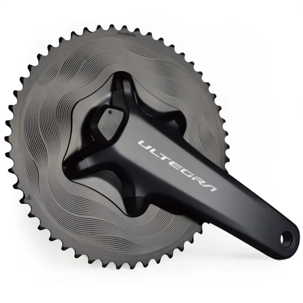 A black ALUGEAR Aero Cover for Shimano R8100-P Power Meter Cranksets installed on a Ultegra power meter crankset and black ALUGEAR chainring