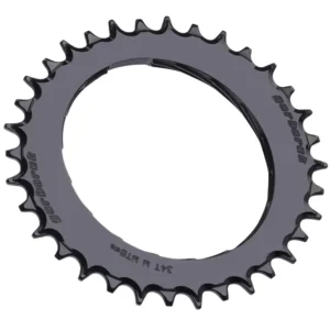 A black Garbaruk 1x Aero Oval Thread Mount MTB Chainring in 34T size