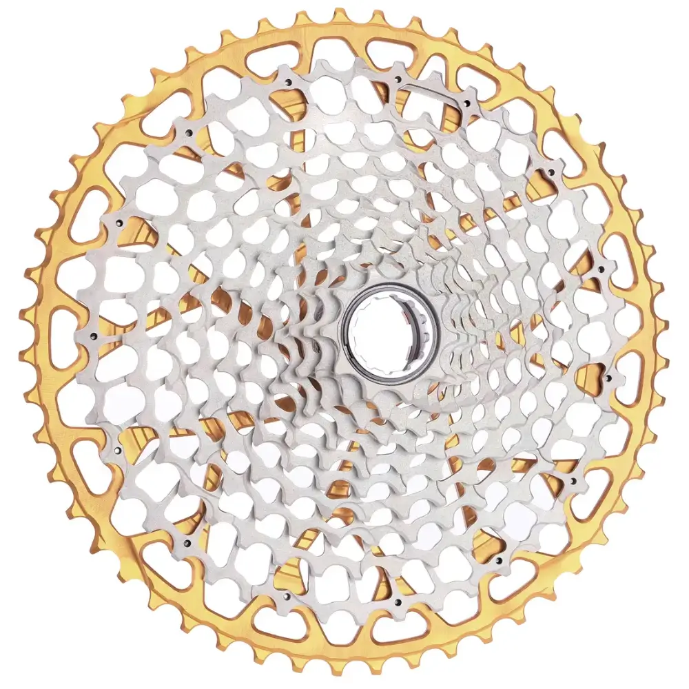 A gold and silver Garbaruk SRAM Transmission GEN2.0 12-Speed MTB Cassette