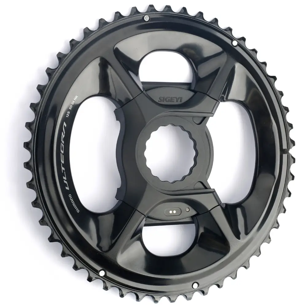 A black Sigeyi AXO SL Cover for Shimano R8100 Chainring installed with power meter and chainring