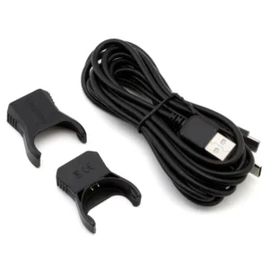 Two black charging clips and two black USB charging cables that are in the Wahoo POWRLINK Zero Charging Kit