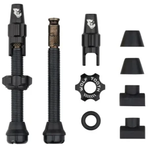 A black Wolf Tooth Tubeless Clik Valve Kit with 44 mm valve stems.