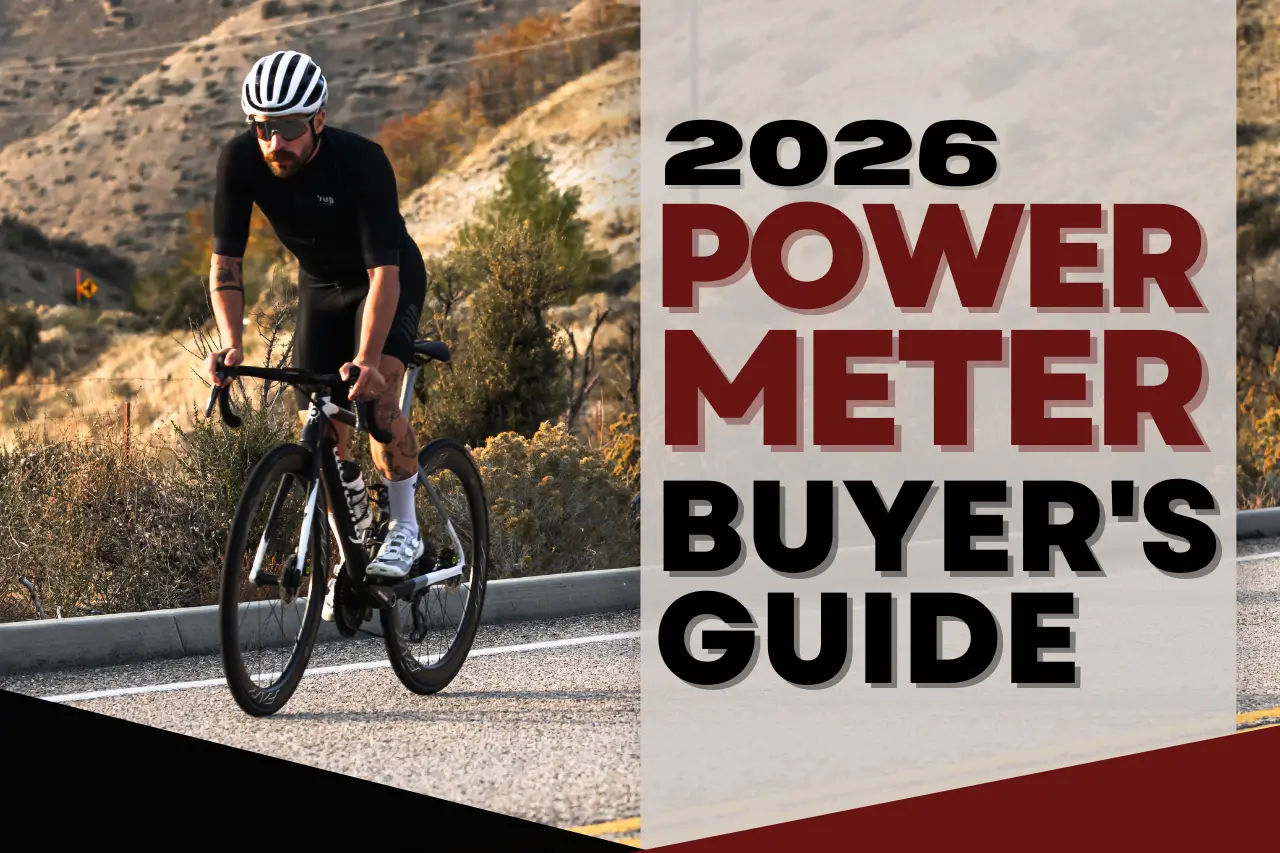 A cyclist riding a bike with text for the 2026 Power Meter Buyer’s Guide.