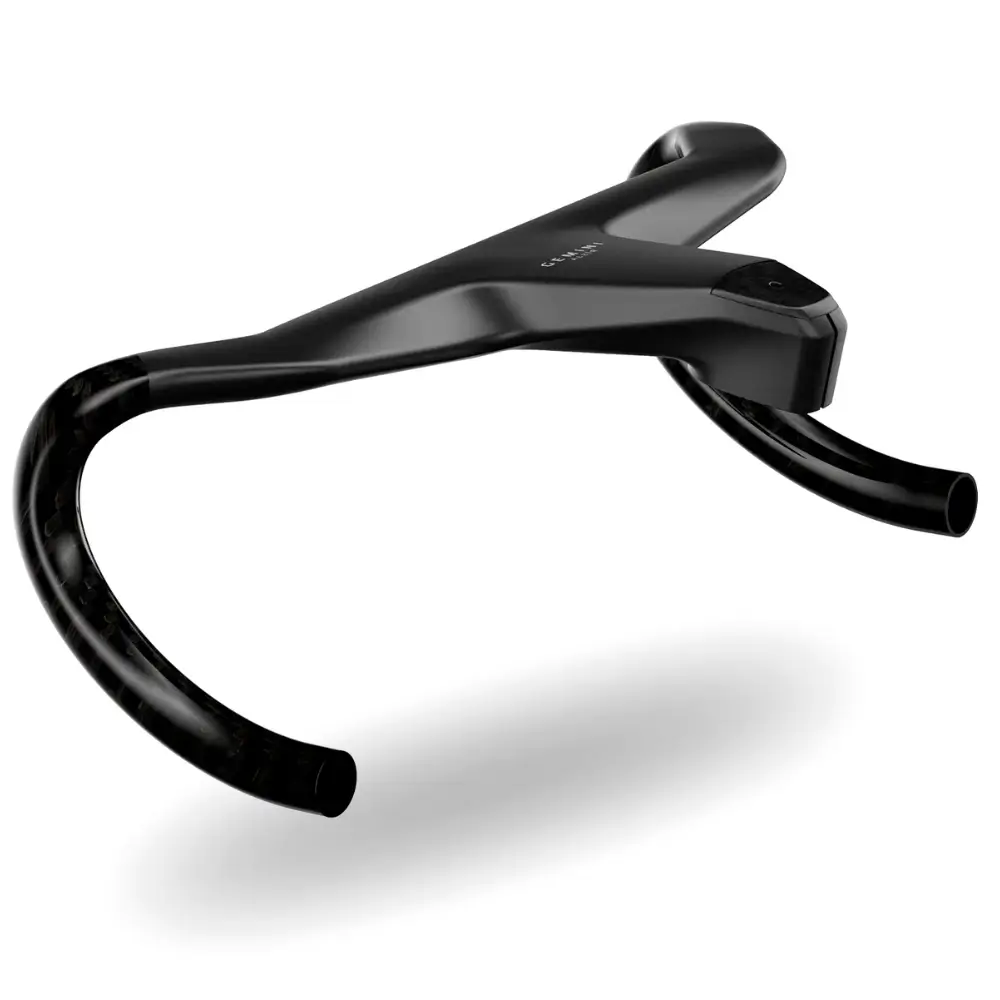 A black Gemini Alzir One-Piece Road Handlebar viewed from the side from a rear angle