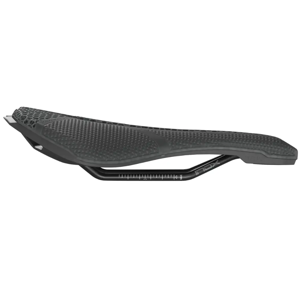 A black PRO Stealth 3D Performance Saddle viewed from the side