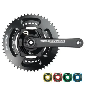 SRM Origin PM9 power meter crankset with Carbon-Ti carbon fiber chainrings with spiders that are in different colors.
