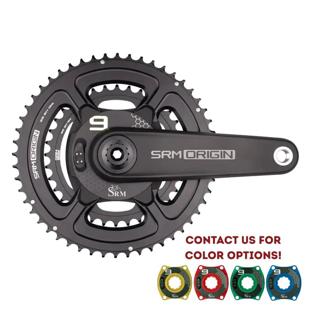 A black SRM PM9 Origin Road CYBREI Power Meter Crankset with white SRM PM9 logo, Aluminum SRM chainrings and colored spiders.