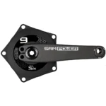 A bicycle crankset with an SRM power meter, featuring the SRM logo and the number 9. The crank arm is labeled "SRM Power" and is designed for precise cycling performance measurement. It has a black finish with four mounting holes.