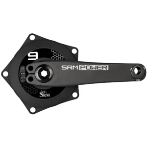 A bicycle crankset with an SRM power meter, featuring the SRM logo and the number 9. The crank arm is labeled "SRM Power" and is designed for precise cycling performance measurement. It has a black finish with four mounting holes.