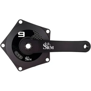 SRM bicycle crank power meter with black crank arm and integrated round spider, featuring SRM branding and honeycomb pattern on a white background.