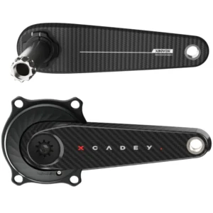 A black XCADEY XPOWER-S GEN2 VENTUS Carbon Power Meter Crankset with each crank arm separately displayed