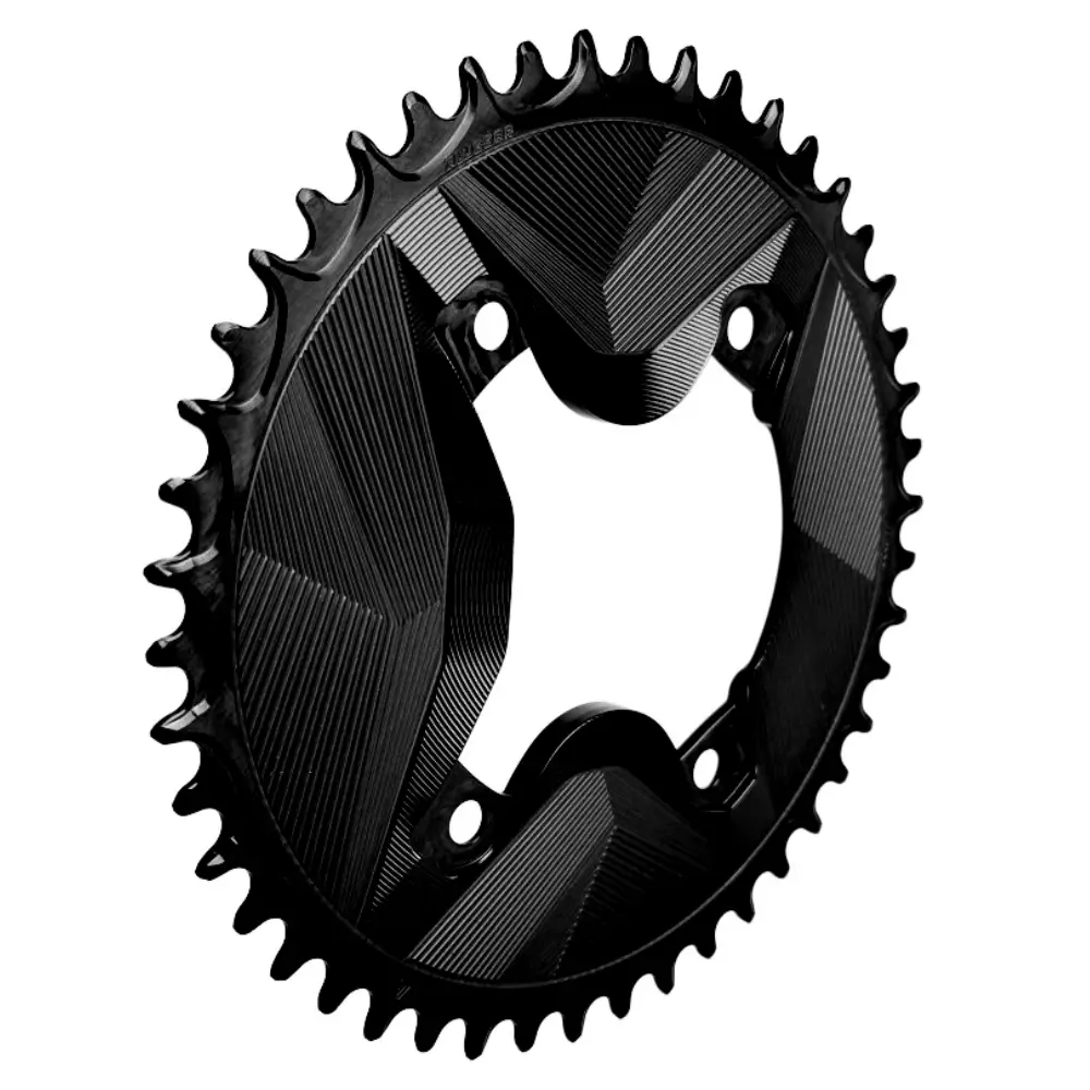 A black ALUGEAR Aero 1x GRX Chainring viewed at an angle