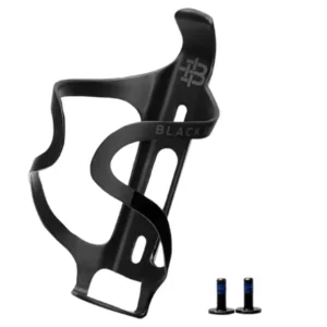 A Black Inc Carbon Water Bottle Cage viewed from an oblique angle with the two included bottle cage bolts