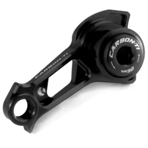 A matte black Carbon-Ti X-Hanger Shimano DM Derailleur Hanger viewed at an angle
