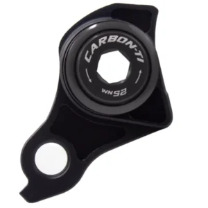 A black Carbon-Ti X-Hanger Universal Derailleur Hanger (UDH) viewed straight on