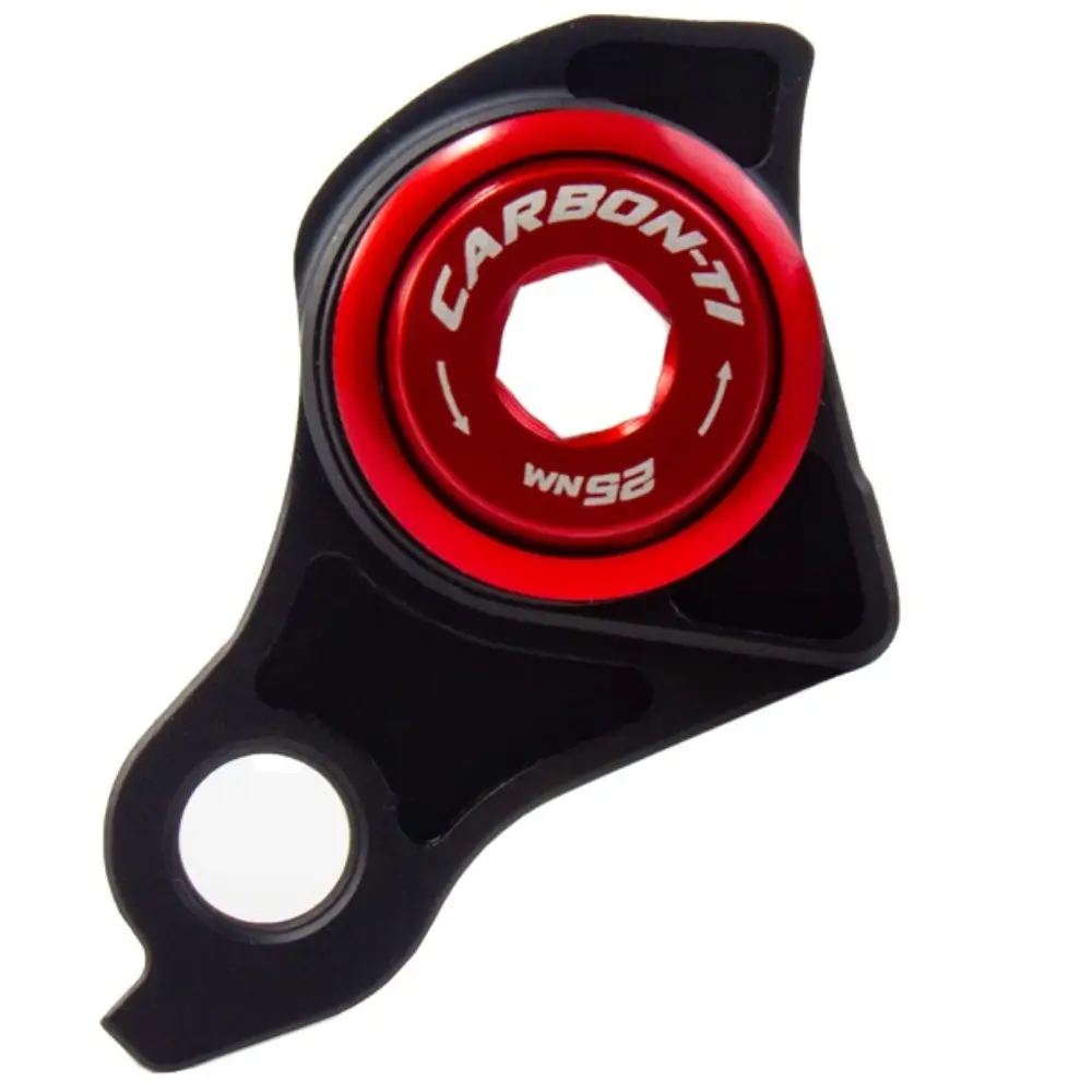 A red and black Carbon-Ti X-Hanger Universal Derailleur Hanger (UDH) viewed straight on