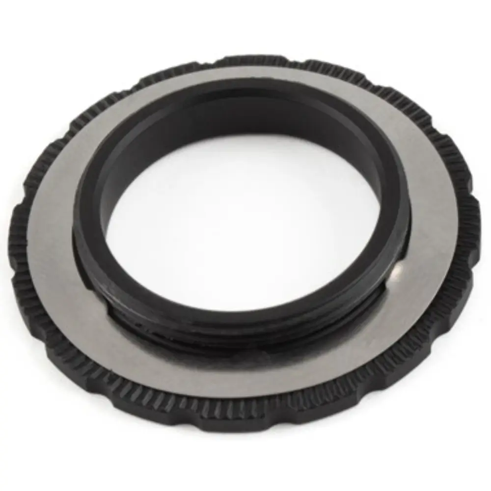 The underside of a black Carbon-Ti X-Rotor Centerlock Brake Rotor Lockring