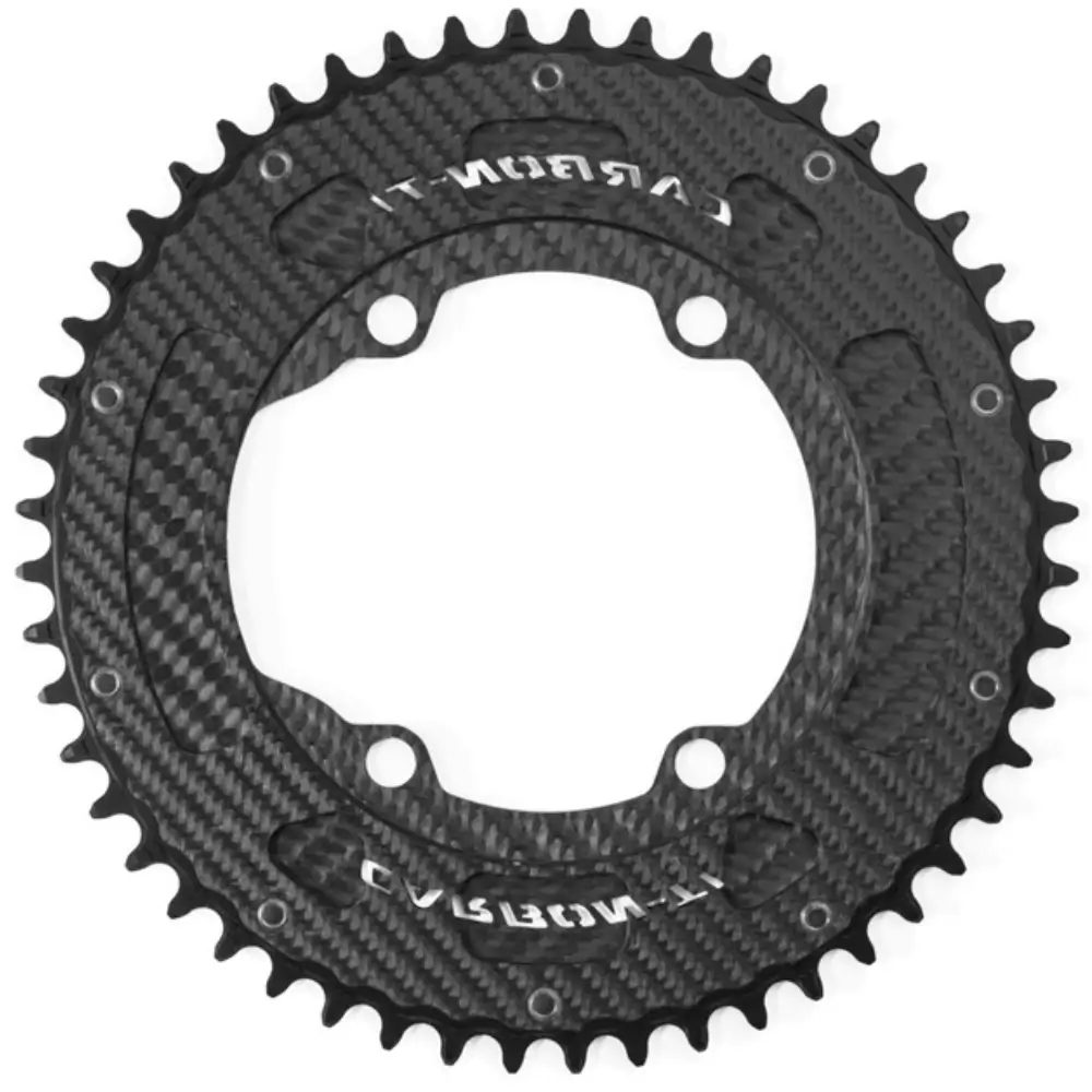 The back of a carbon fiber 52T Carbon-Ti X-SingleCarbon Aero 1x 110x4 Chainring