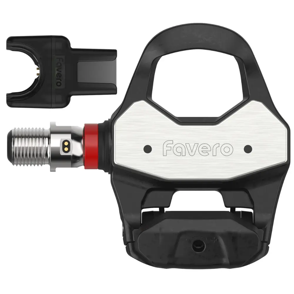 A single Favero Assioma PRO RL-UP Road Upgrade Pedal with magnetic charging connector viewed from above
