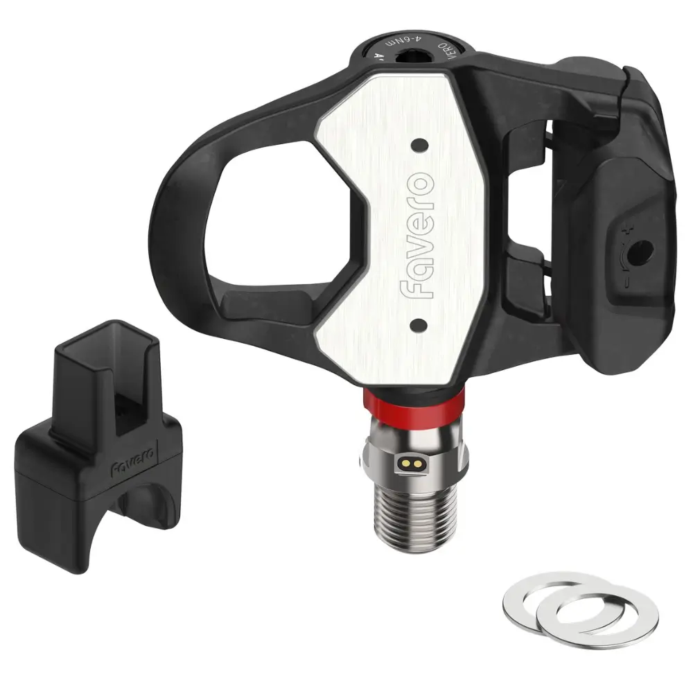 A single Favero Assioma PRO RL-UP Road Upgrade Pedal with magnetic charging connector and two pedal washers