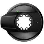 A black SRAM Force E1 AXS Power Meter Spider with a green LED light.