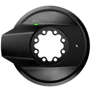 A black SRAM Force E1 AXS Power Meter Spider with a green LED light.