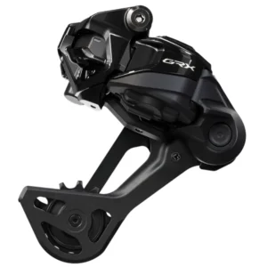 A black Shimano GRX RD-RX827 12-Speed Di2 Wireless Rear Derailleur viewed straight on.