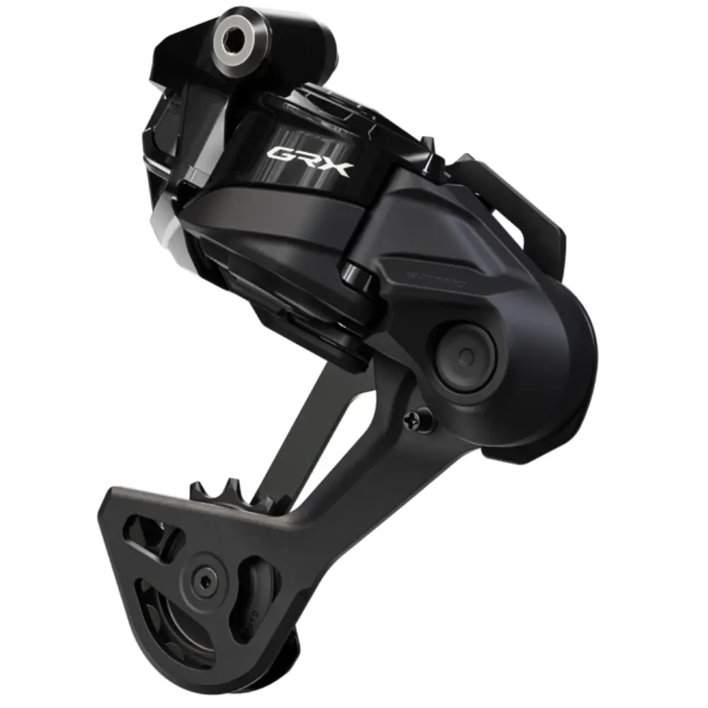A black Shimano GRX RD-RX827 12-Speed Di2 Wireless Rear Derailleur viewed at an angle