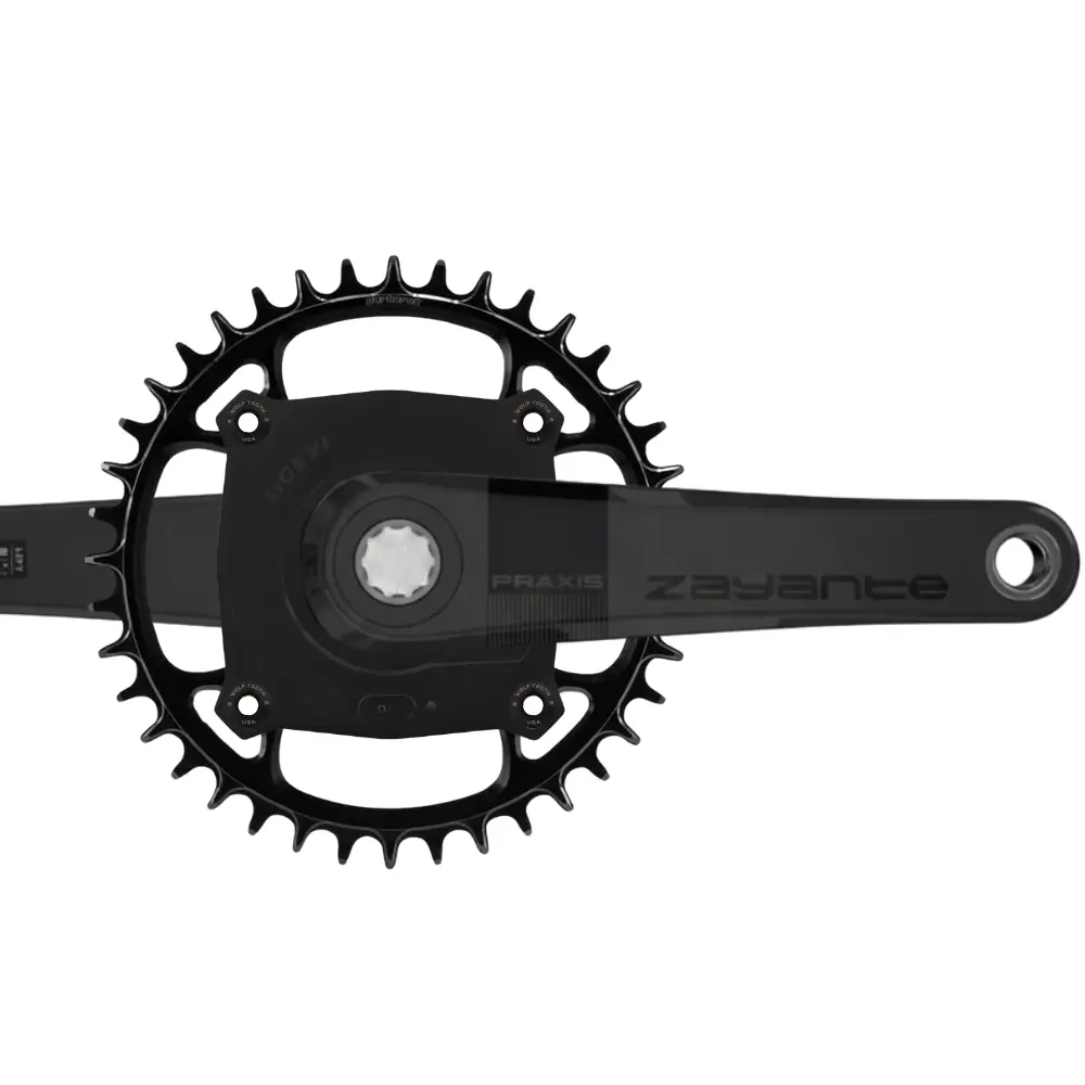 A black Sigeyi AXO SL Praxis Zayante Carbon Gravel Power Meter Crankset with 1x chainrings installed