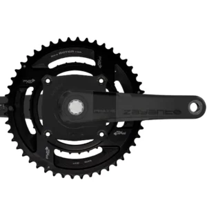 A black Sigeyi AXO SL Praxis Zayante Carbon Gravel Power Meter Crankset with 2x chainrings installed