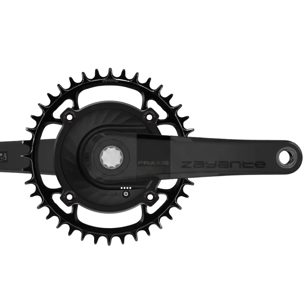 A black XCADEY XPOWER-S GEN2 Praxis Zayante Carbon Gravel Power Meter Crankset with 1x chainring installed