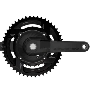 A black XCADEY XPOWER-S GEN2 Praxis Zayante Carbon Gravel Power Meter Crankset with 2x chainrings installed