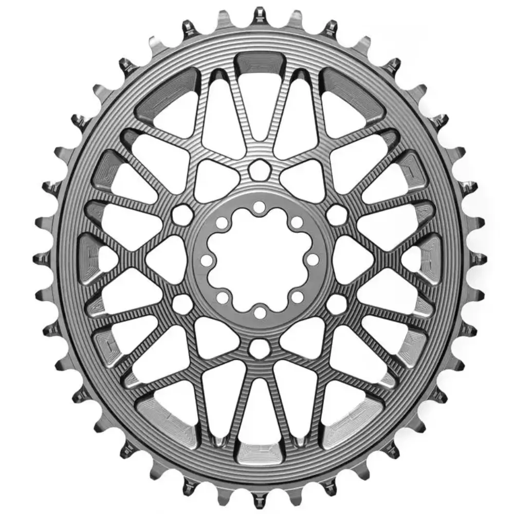 A titanium colored absoluteBlack Premium 1x 8-Bolt Oval Road/Gravel Chainring