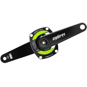 A black and green power2max NG Easton 110 x 4-SL Road Power Meter installed on a Cybrei carbon fiber crankset