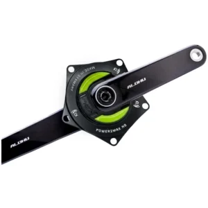 A black power2max NG ROTOR ALDHU Carbon Track Power Meter Crankset with a green decal.