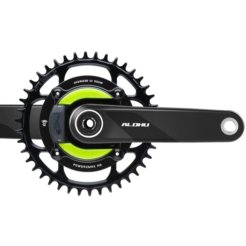 A black power2max NGeco ROTOR ALDHU Carbon Gravel Power Meter Crankset.