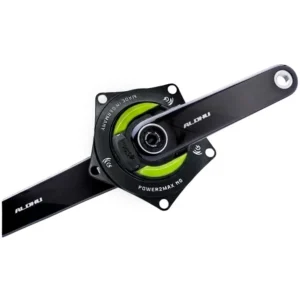 A black power2max NGeco ROTOR ALDHU Carbon Track Power Meter Crankset with a green decal.