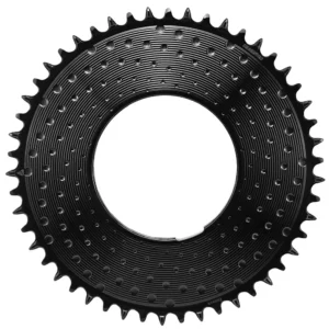 The front of a black 50T ALUGEAR 1x Aero Thread Mount Road/Gravel Chainring