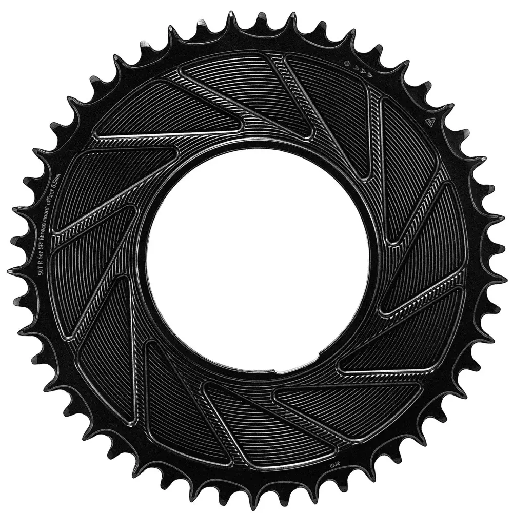 The back of a black 50T ALUGEAR 1x Aero Thread Mount Road/Gravel Chainring