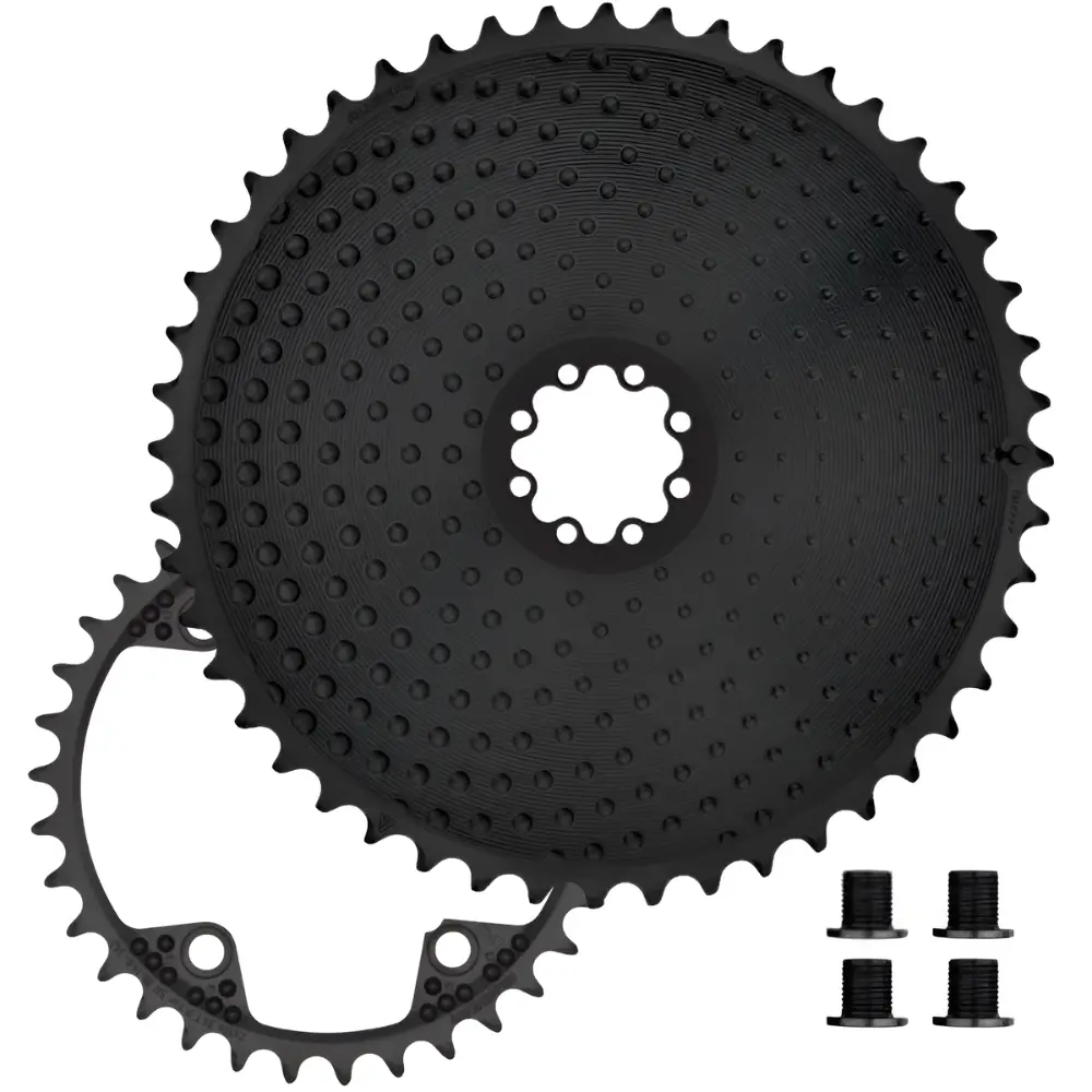 A black ALUGEAR Aero 2x 8-Bolt Road/Gravel Chainrings showing the black small ring and 4 included bolts