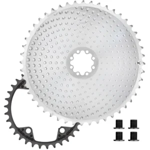 A Silver ALUGEAR Aero 2x 8-Bolt Road/Gravel Chainrings showing the black small ring and 4 included bolts