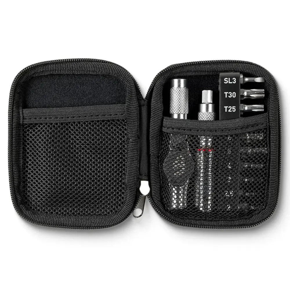 A silver Feedback Sports Reflex Fixed Torque Ratchet Kit in it's black carry case